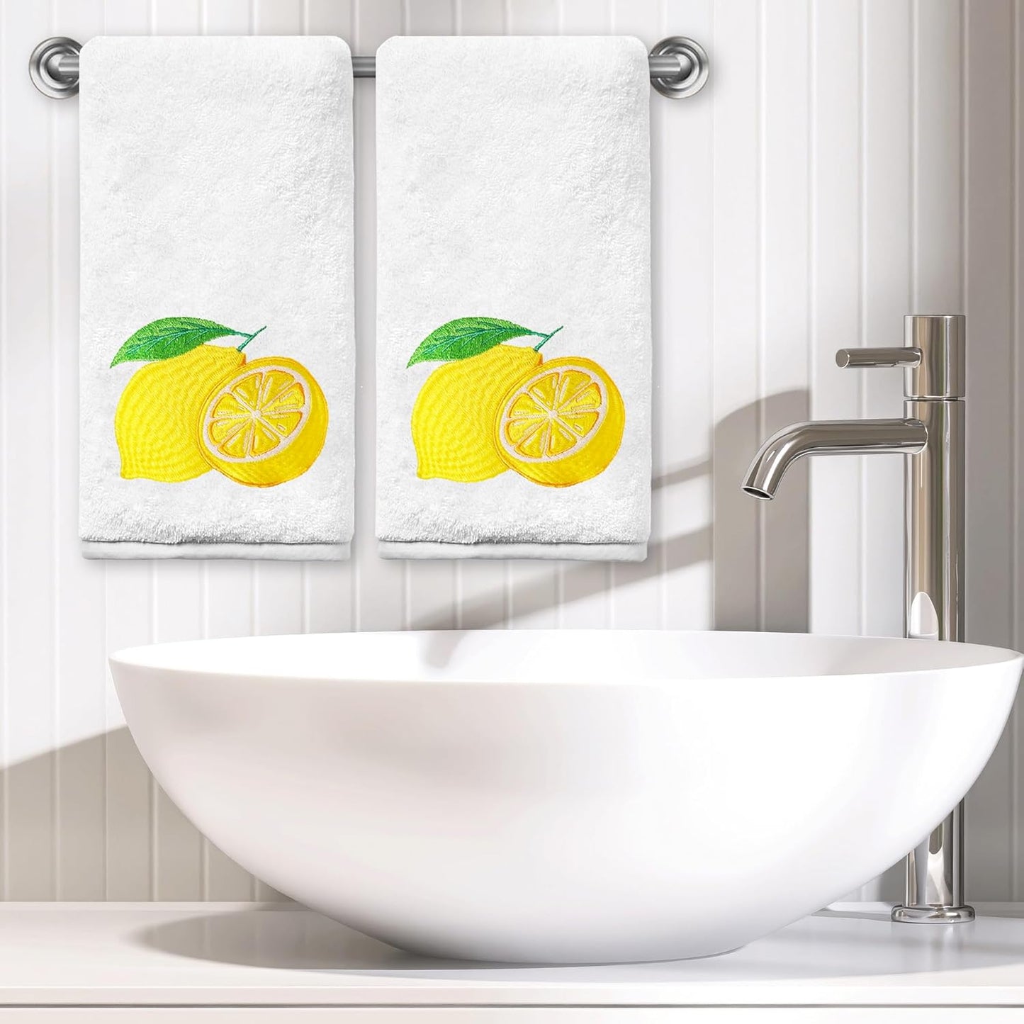 Lemon Hand Towels for Bathroom Set of 2, Spring Summer Bathroom Decor, Lemon Yellow Cotton Soft Embroidered Towels for Kitchen Bath 14x30 Inches
