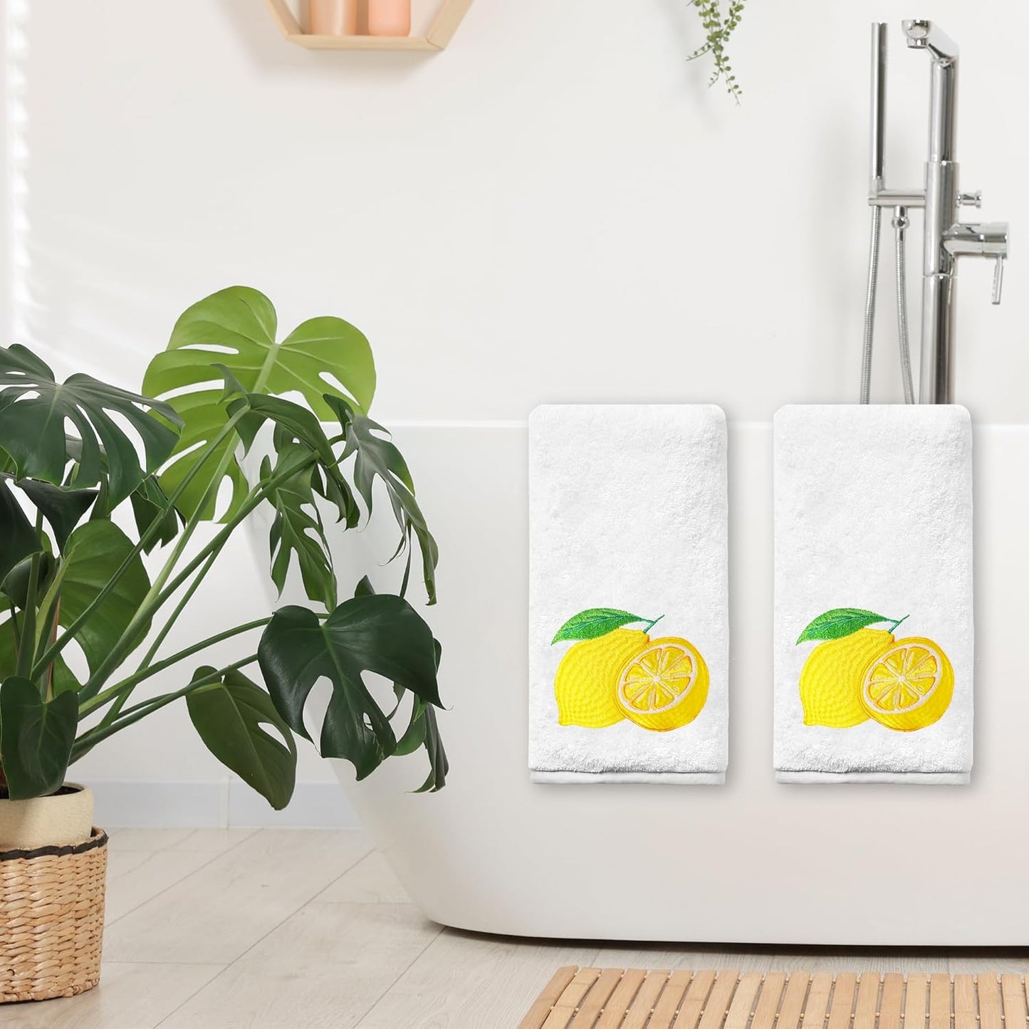 Lemon Hand Towels for Bathroom Set of 2, Spring Summer Bathroom Decor, Lemon Yellow Cotton Soft Embroidered Towels for Kitchen Bath 14x30 Inches