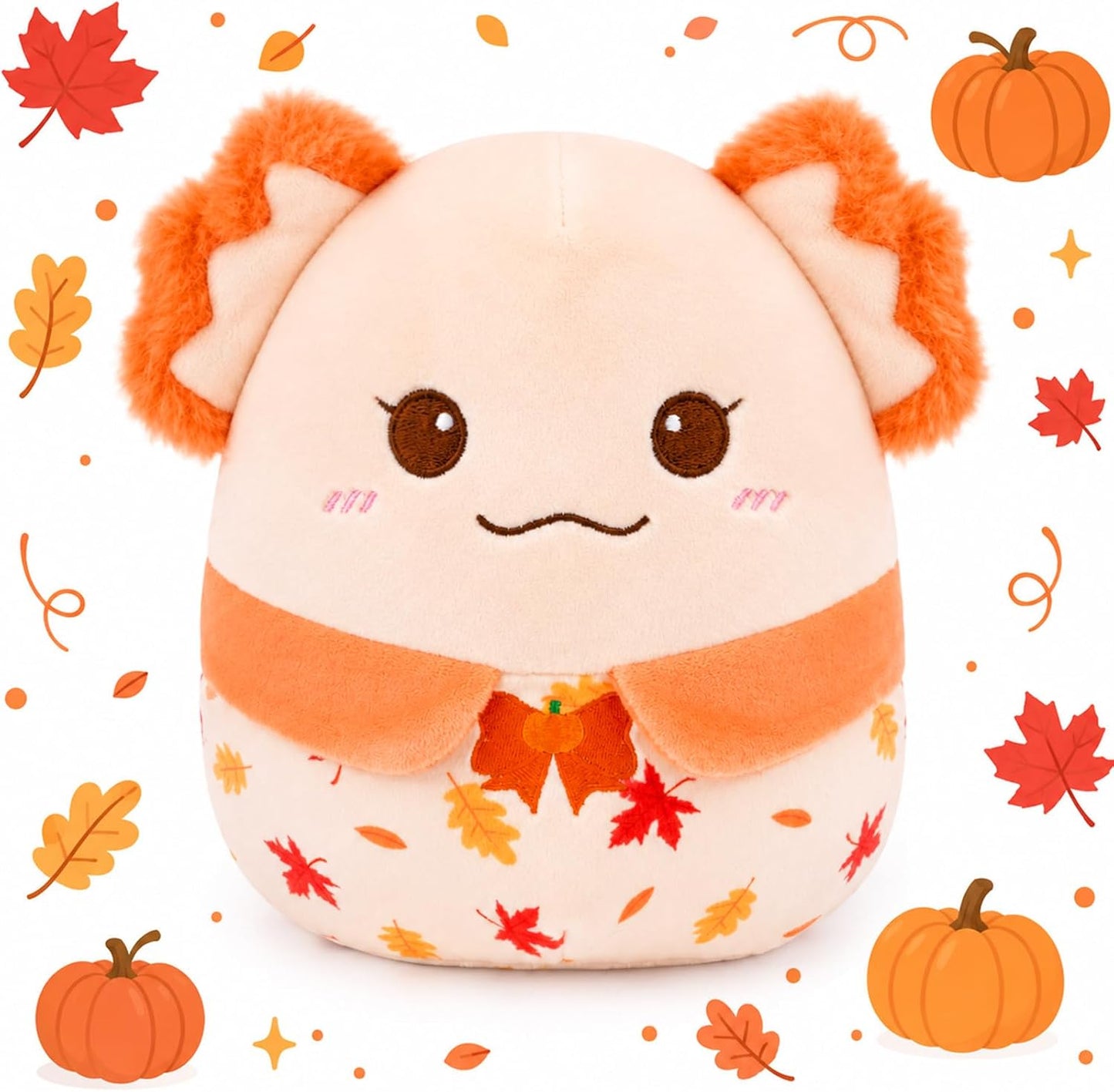 Fall Axolotl Plush Toy, Cute Yellow Axolotl Stuffed Animal | Pumpkin-Bow Embroidery & Maple Leaf Print, Soft Autumn Plush Gift for Kids, Friends, Family, Birthday