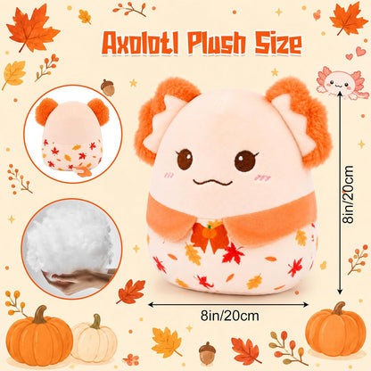 Fall Axolotl Plush Toy, Cute Yellow Axolotl Stuffed Animal | Pumpkin-Bow Embroidery & Maple Leaf Print, Soft Autumn Plush Gift for Kids, Friends, Family, Birthday
