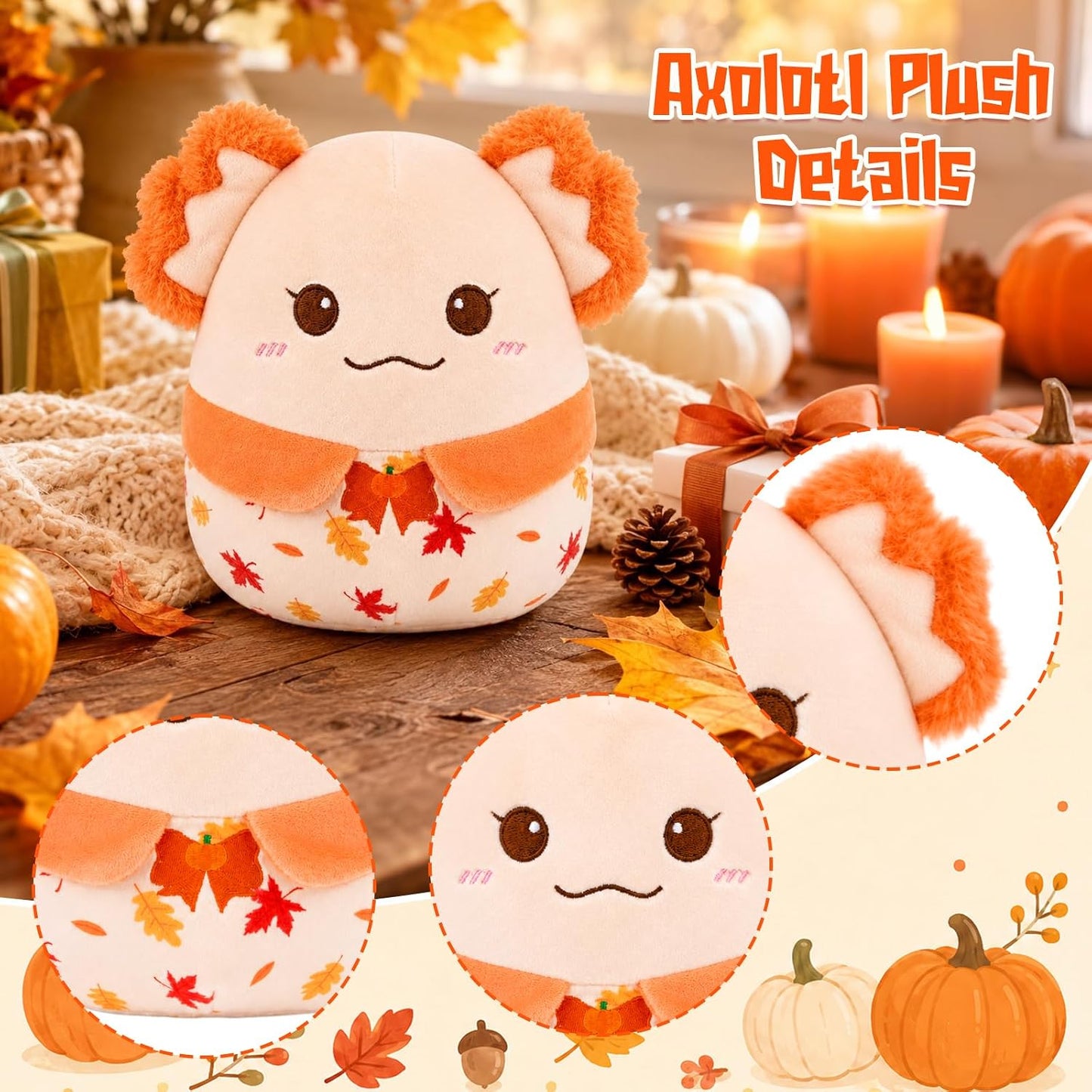 Fall Axolotl Plush Toy, Cute Yellow Axolotl Stuffed Animal | Pumpkin-Bow Embroidery & Maple Leaf Print, Soft Autumn Plush Gift for Kids, Friends, Family, Birthday