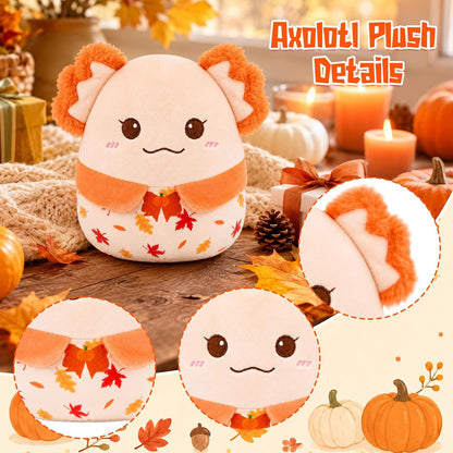 Fall Axolotl Plush Toy, Cute Yellow Axolotl Stuffed Animal | Pumpkin-Bow Embroidery & Maple Leaf Print, Soft Autumn Plush Gift for Kids, Friends, Family, Birthday