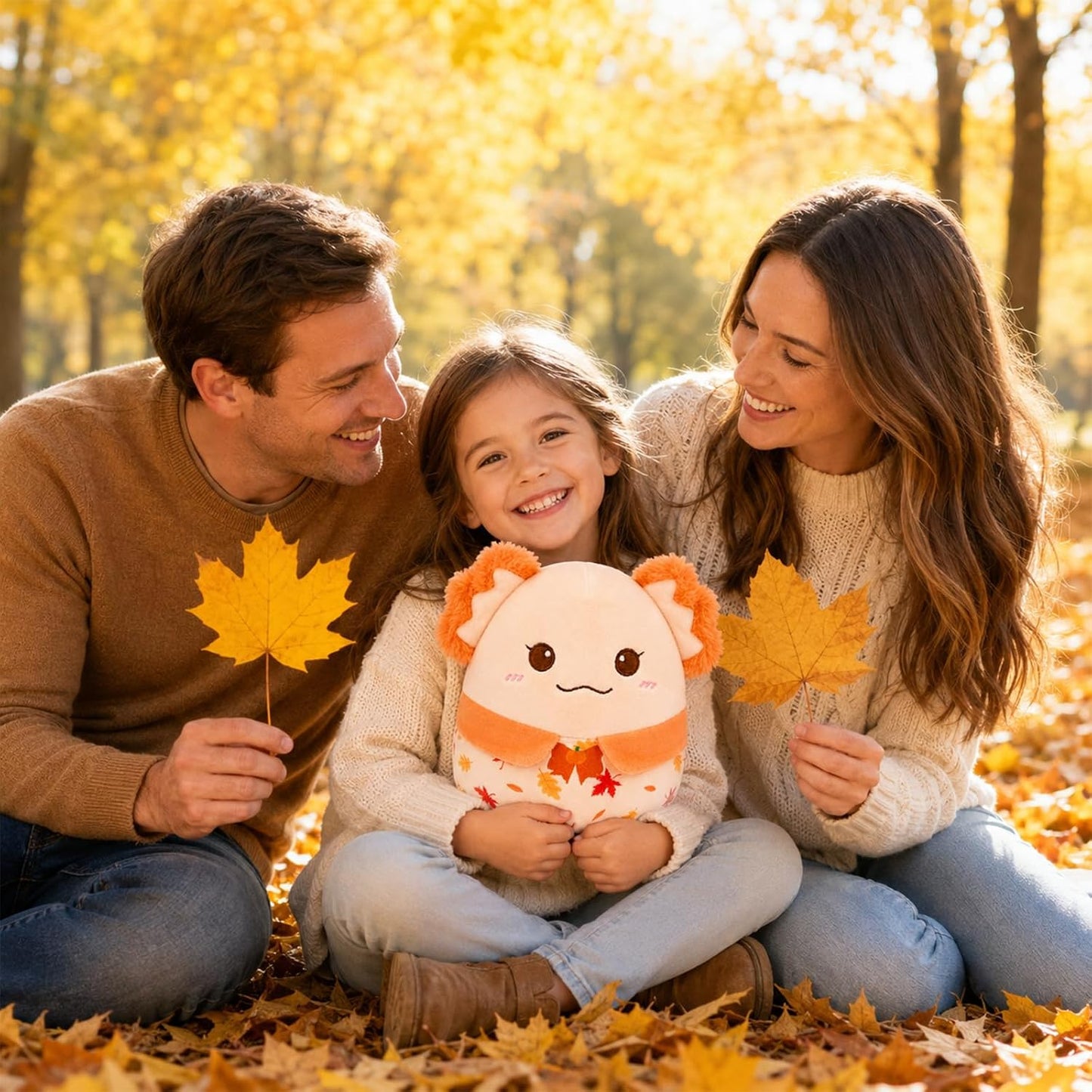 Fall Axolotl Plush Toy, Cute Yellow Axolotl Stuffed Animal | Pumpkin-Bow Embroidery & Maple Leaf Print, Soft Autumn Plush Gift for Kids, Friends, Family, Birthday