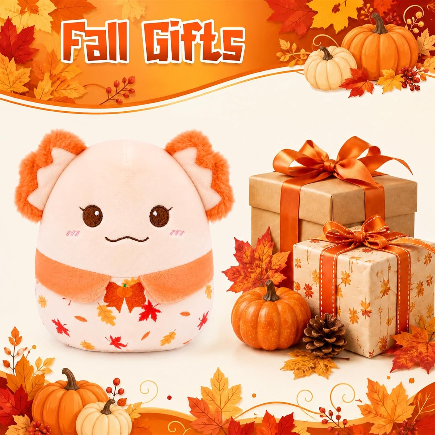 Fall Axolotl Plush Toy, Cute Yellow Axolotl Stuffed Animal | Pumpkin-Bow Embroidery & Maple Leaf Print, Soft Autumn Plush Gift for Kids, Friends, Family, Birthday