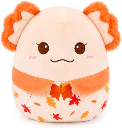Fall Axolotl Plush Toy, Cute Yellow Axolotl Stuffed Animal | Pumpkin-Bow Embroidery & Maple Leaf Print, Soft Autumn Plush Gift for Kids, Friends, Family, Birthday