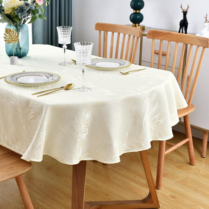Shiny Oval Jacquard Tablecloth 60 x 84 Inch Light Yellow Floral Countryside Leaves Damask Patterns Table Cloth Glossy Fabric Table Cover for Dinner Kitchen