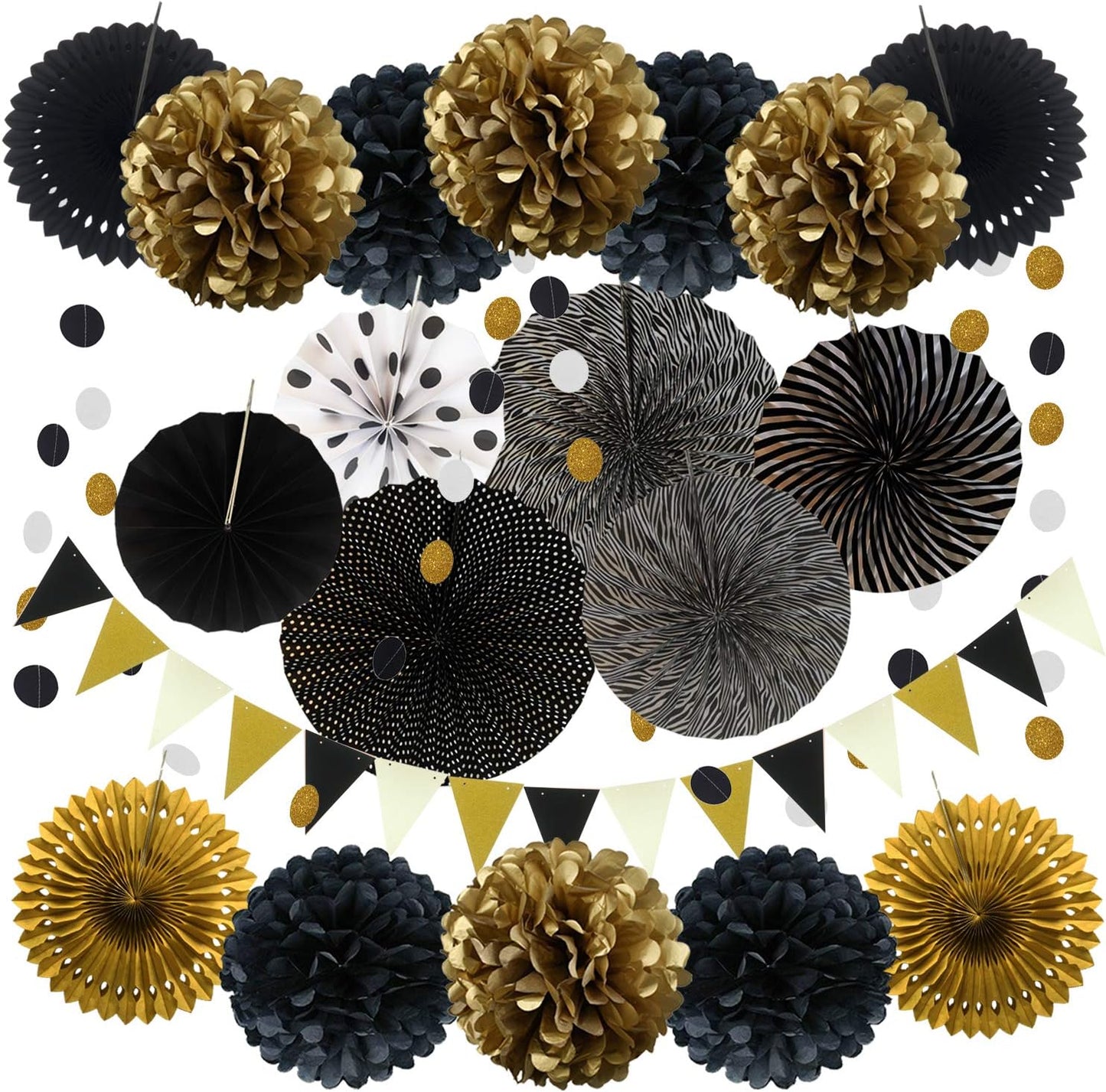 Party Decoration, 21 Pcs Yellow Hanging Paper Fans Pom Poms Flowers, Garlands String Polka Dot and Triangle Bunting Flags for Minnie Mouse Birthday Parties Baby Showers Wedding
