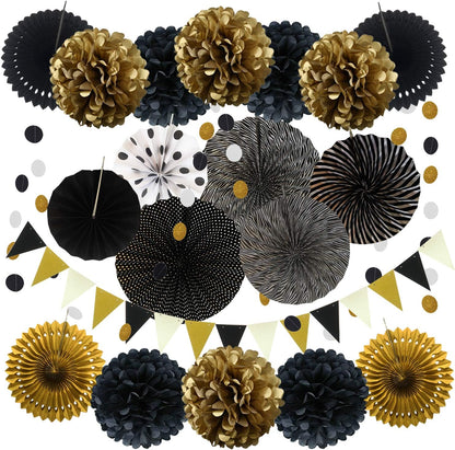 Party Decoration, 21 Pcs Yellow Hanging Paper Fans Pom Poms Flowers, Garlands String Polka Dot and Triangle Bunting Flags for Minnie Mouse Birthday Parties Baby Showers Wedding