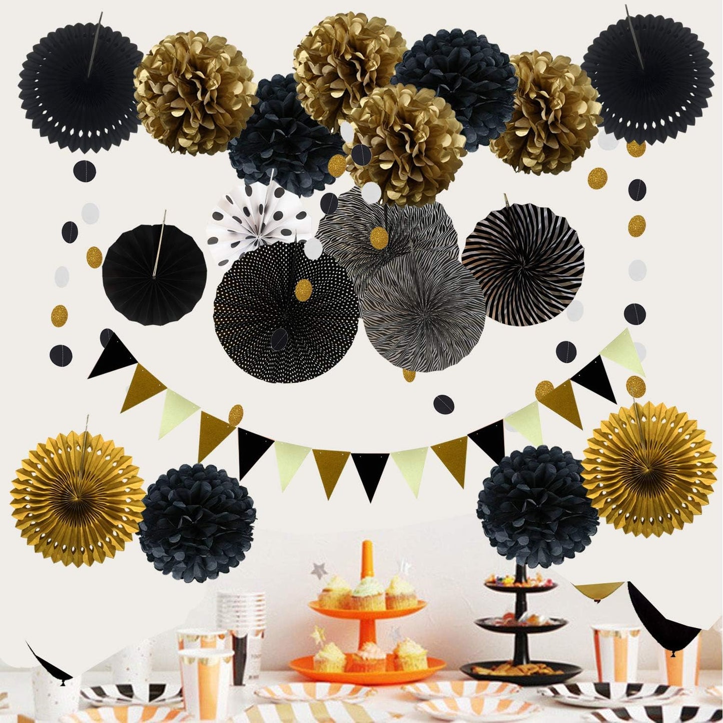 Party Decoration, 21 Pcs Yellow Hanging Paper Fans Pom Poms Flowers, Garlands String Polka Dot and Triangle Bunting Flags for Minnie Mouse Birthday Parties Baby Showers Wedding