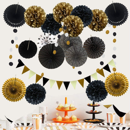 Party Decoration, 21 Pcs Yellow Hanging Paper Fans Pom Poms Flowers, Garlands String Polka Dot and Triangle Bunting Flags for Minnie Mouse Birthday Parties Baby Showers Wedding
