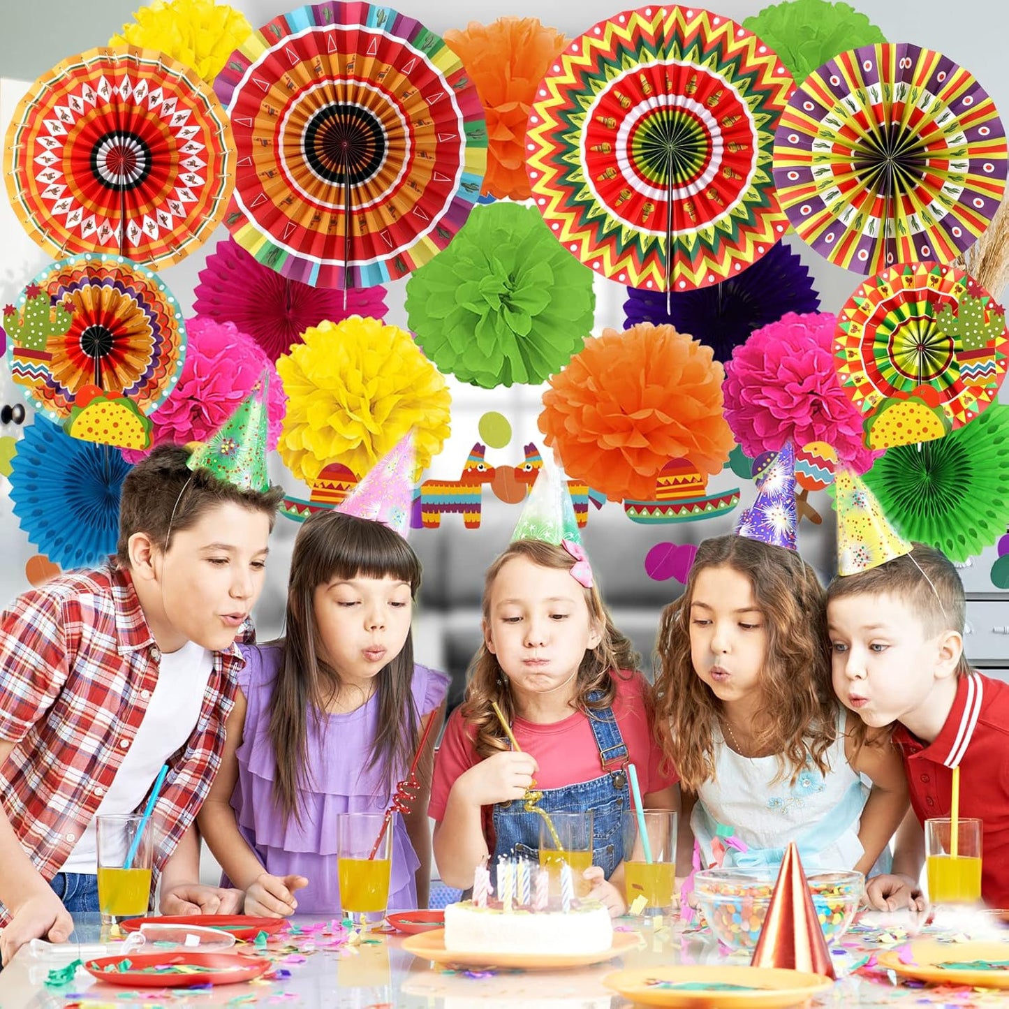 Party Decoration, 21 Pcs Yellow Hanging Paper Fans Pom Poms Flowers, Garlands String Polka Dot and Triangle Bunting Flags for Minnie Mouse Birthday Parties Baby Showers Wedding