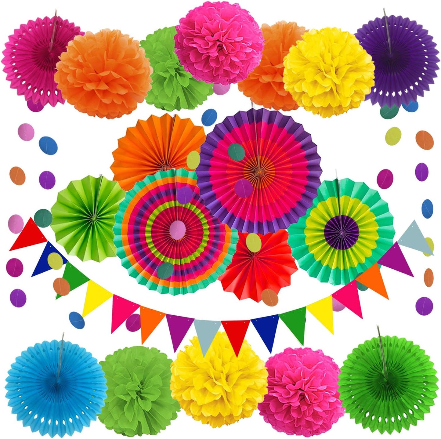 Party Decoration, 21 Pcs Yellow Hanging Paper Fans Pom Poms Flowers, Garlands String Polka Dot and Triangle Bunting Flags for Minnie Mouse Birthday Parties Baby Showers Wedding