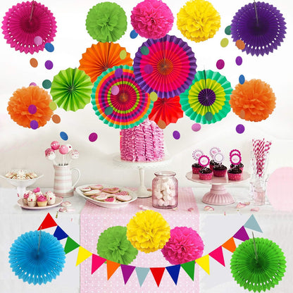 Party Decoration, 21 Pcs Yellow Hanging Paper Fans Pom Poms Flowers, Garlands String Polka Dot and Triangle Bunting Flags for Minnie Mouse Birthday Parties Baby Showers Wedding