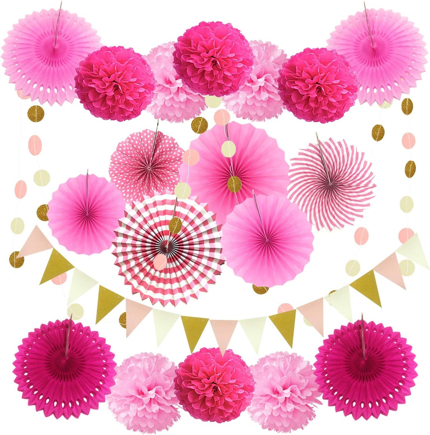 Party Decoration, 21 Pcs Yellow Hanging Paper Fans Pom Poms Flowers, Garlands String Polka Dot and Triangle Bunting Flags for Minnie Mouse Birthday Parties Baby Showers Wedding