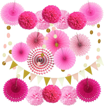 Party Decoration, 21 Pcs Yellow Hanging Paper Fans Pom Poms Flowers, Garlands String Polka Dot and Triangle Bunting Flags for Minnie Mouse Birthday Parties Baby Showers Wedding