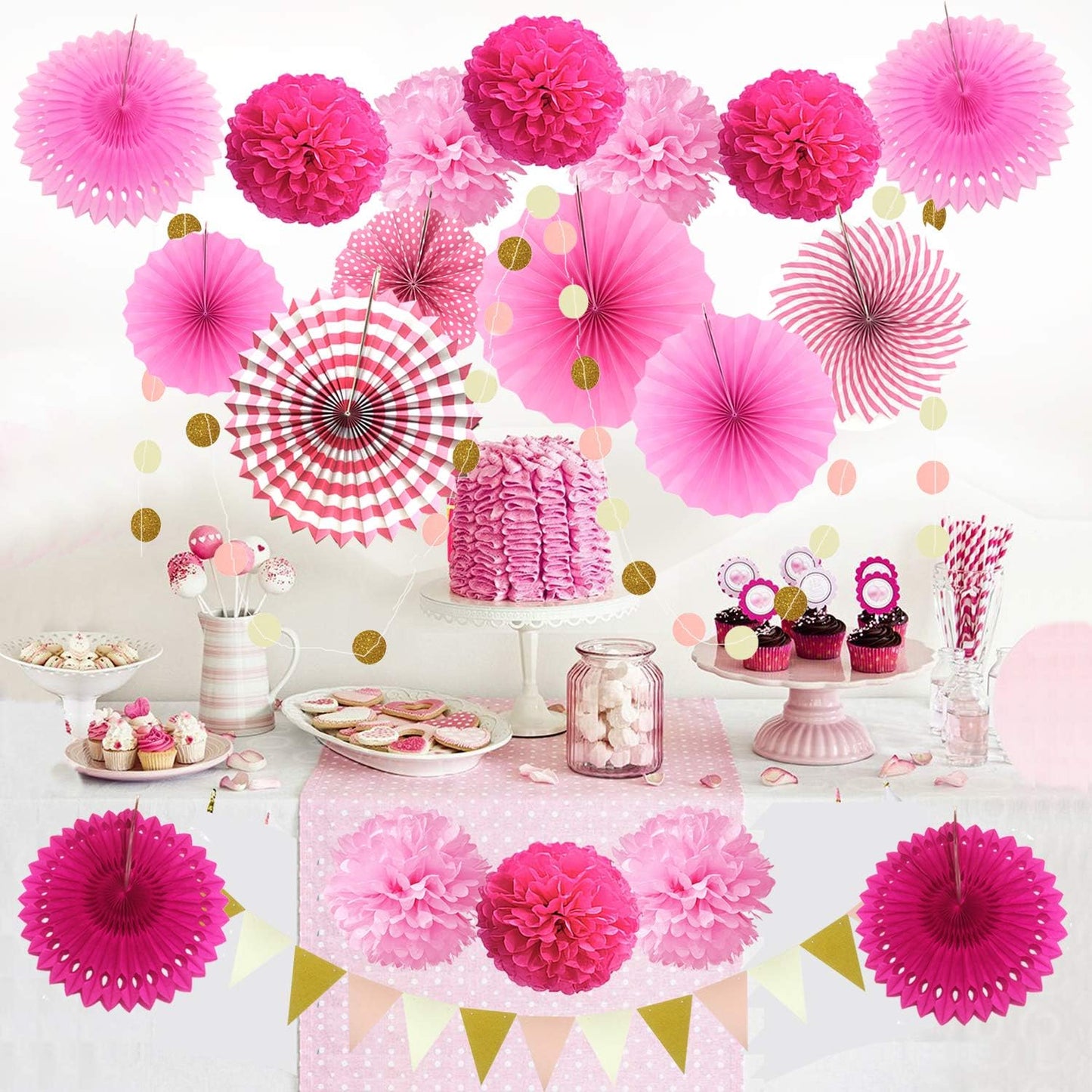 Party Decoration, 21 Pcs Yellow Hanging Paper Fans Pom Poms Flowers, Garlands String Polka Dot and Triangle Bunting Flags for Minnie Mouse Birthday Parties Baby Showers Wedding