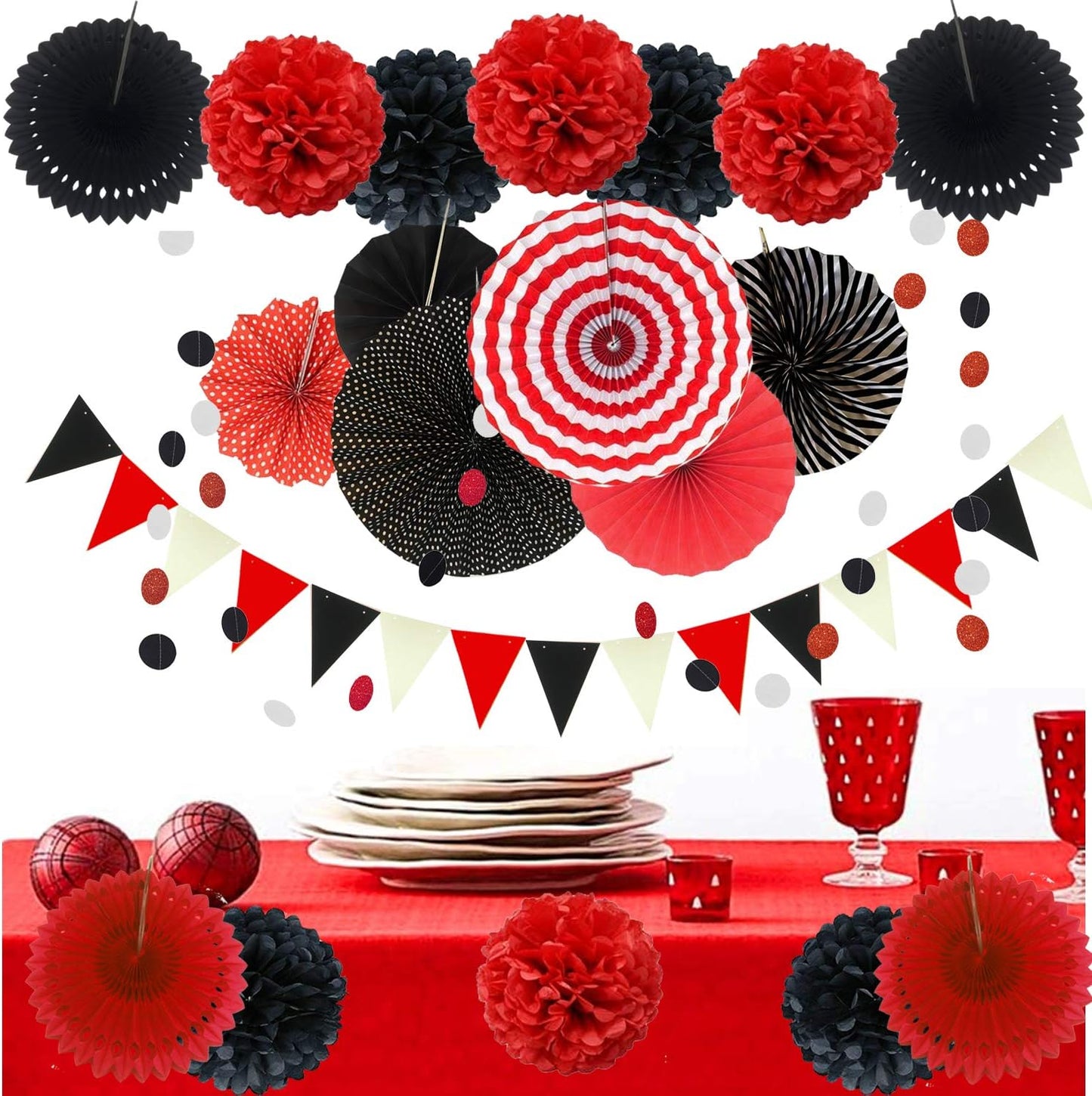 Party Decoration, 21 Pcs Yellow Hanging Paper Fans Pom Poms Flowers, Garlands String Polka Dot and Triangle Bunting Flags for Minnie Mouse Birthday Parties Baby Showers Wedding