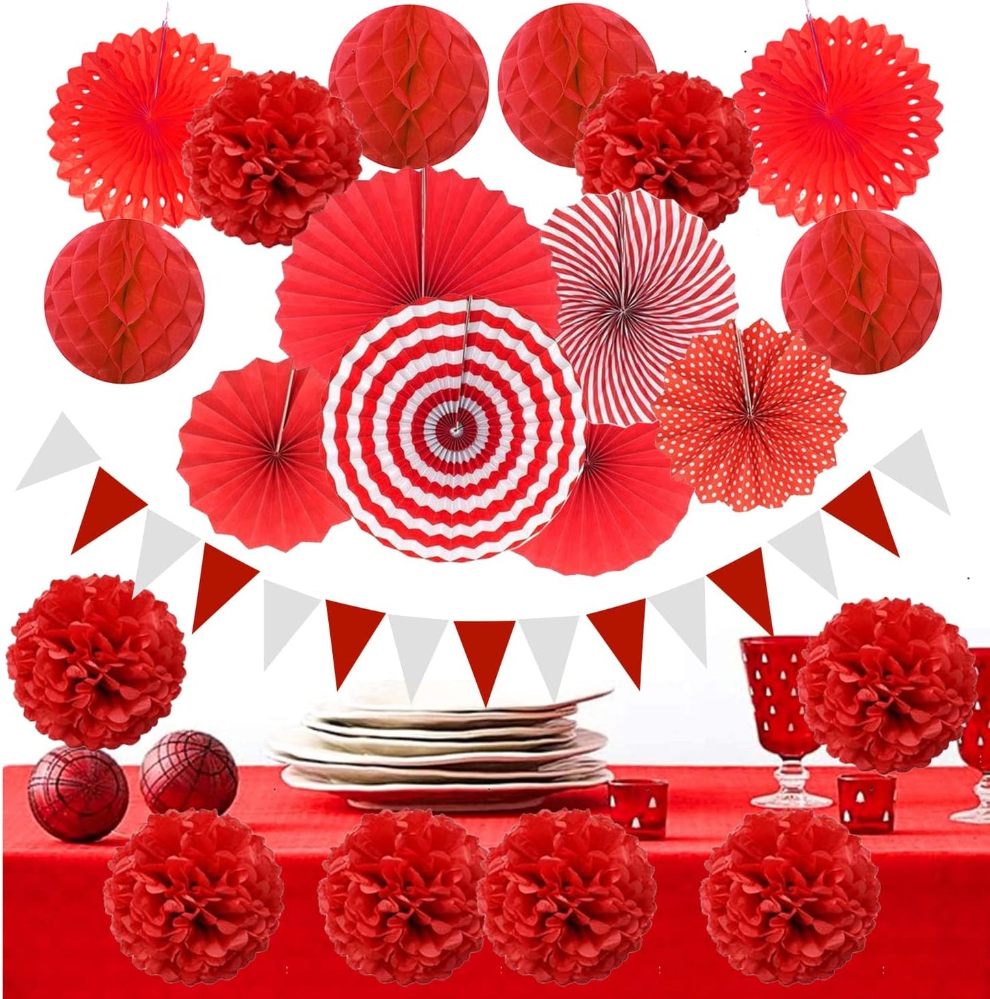Party Decoration, 21 Pcs Yellow Hanging Paper Fans Pom Poms Flowers, Garlands String Polka Dot and Triangle Bunting Flags for Minnie Mouse Birthday Parties Baby Showers Wedding