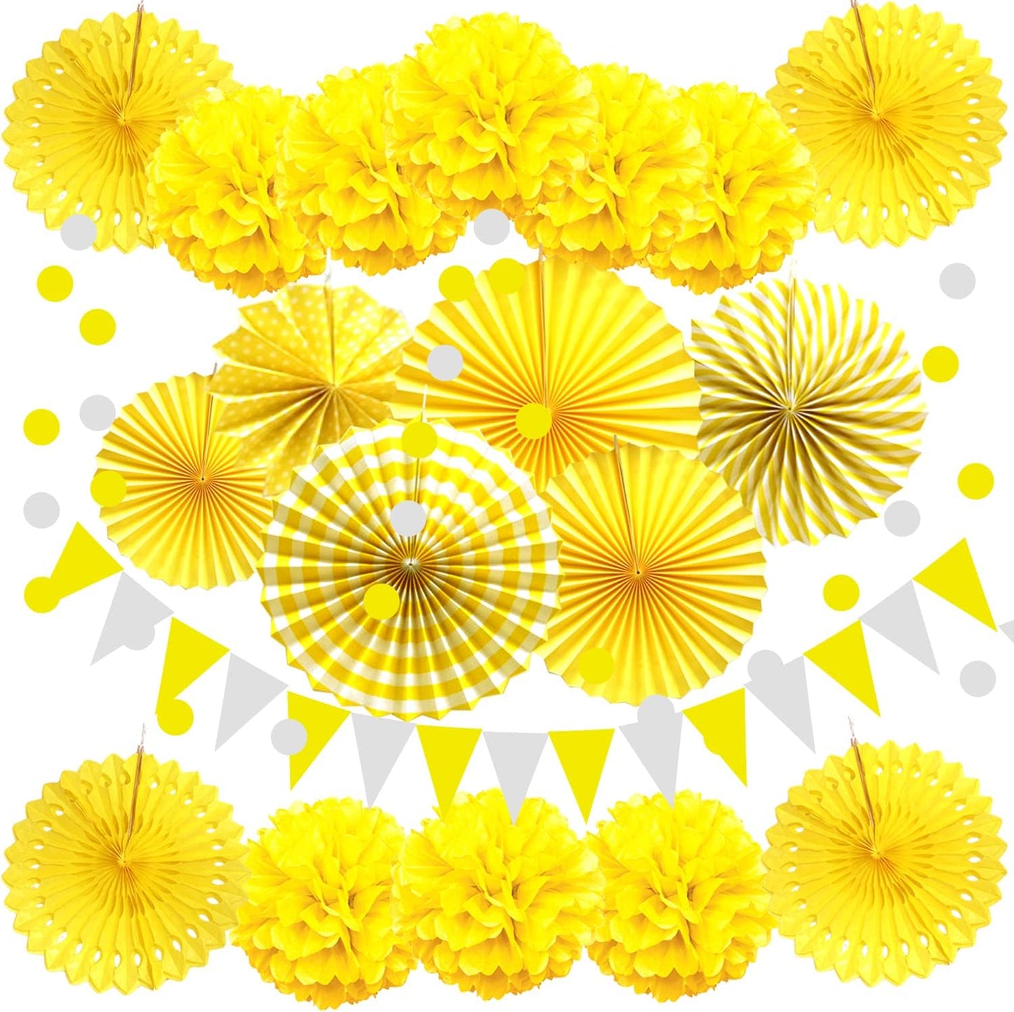 Party Decoration, 21 Pcs Yellow Hanging Paper Fans Pom Poms Flowers, Garlands String Polka Dot and Triangle Bunting Flags for Minnie Mouse Birthday Parties Baby Showers Wedding