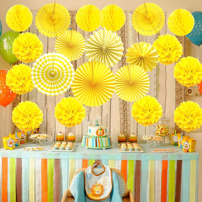 Party Decoration, 21 Pcs Yellow Hanging Paper Fans Pom Poms Flowers, Garlands String Polka Dot and Triangle Bunting Flags for Minnie Mouse Birthday Parties Baby Showers Wedding