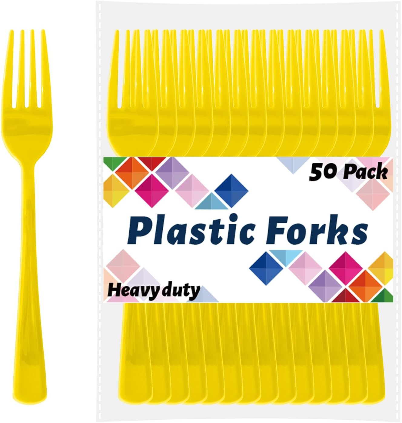 Yellow Plastic Forks Disposable, 50 Count - 7.28 Inch Heavy Duty Disposable Cutlery Utensils Solid for Party, Picnic, Catering, Daily Use & More (Yellow)