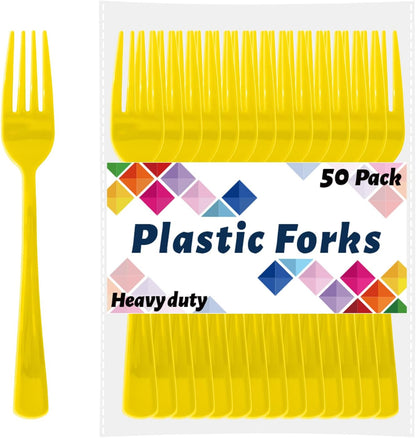 Yellow Plastic Forks Disposable, 50 Count - 7.28 Inch Heavy Duty Disposable Cutlery Utensils Solid for Party, Picnic, Catering, Daily Use & More (Yellow)