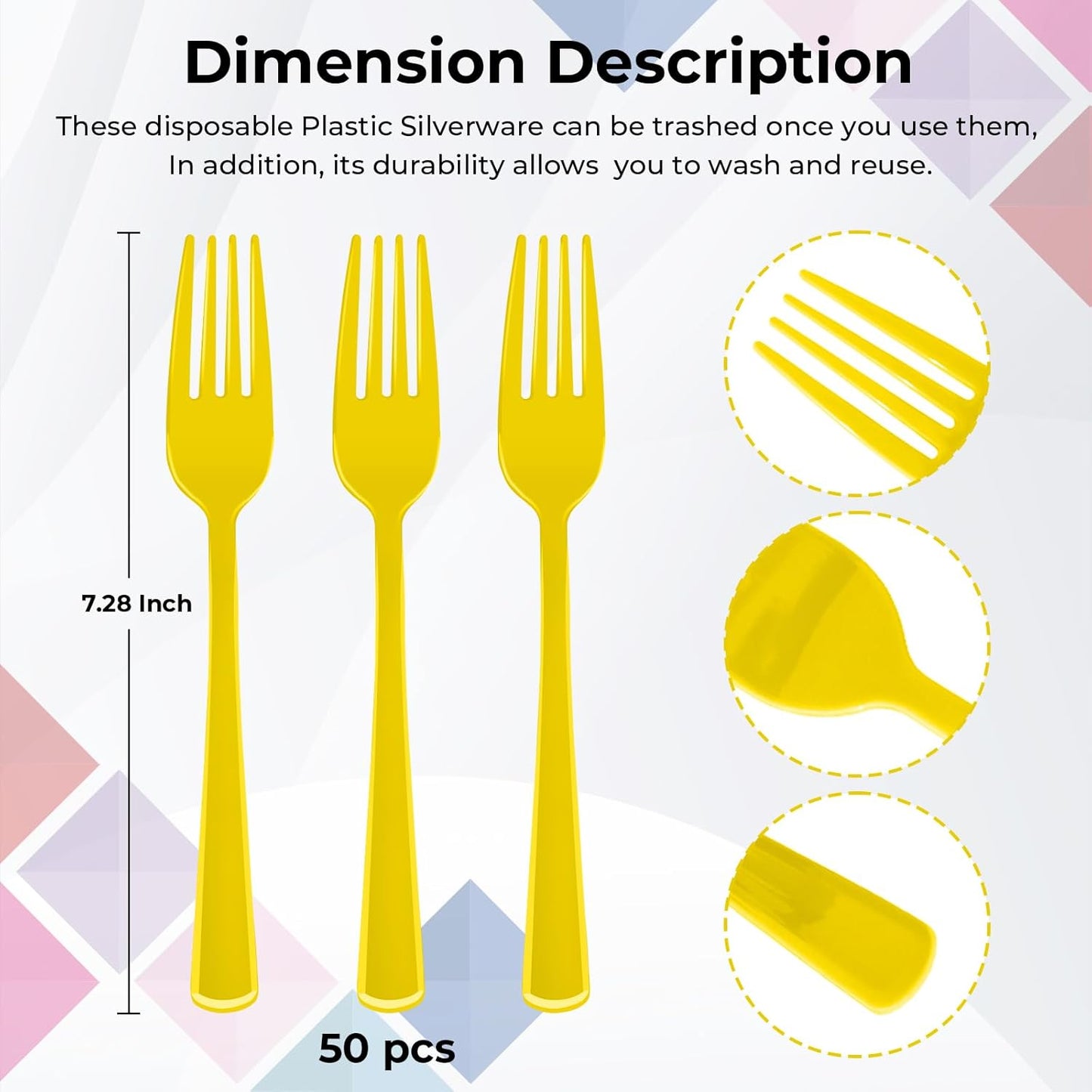 Yellow Plastic Forks Disposable, 50 Count - 7.28 Inch Heavy Duty Disposable Cutlery Utensils Solid for Party, Picnic, Catering, Daily Use & More (Yellow)