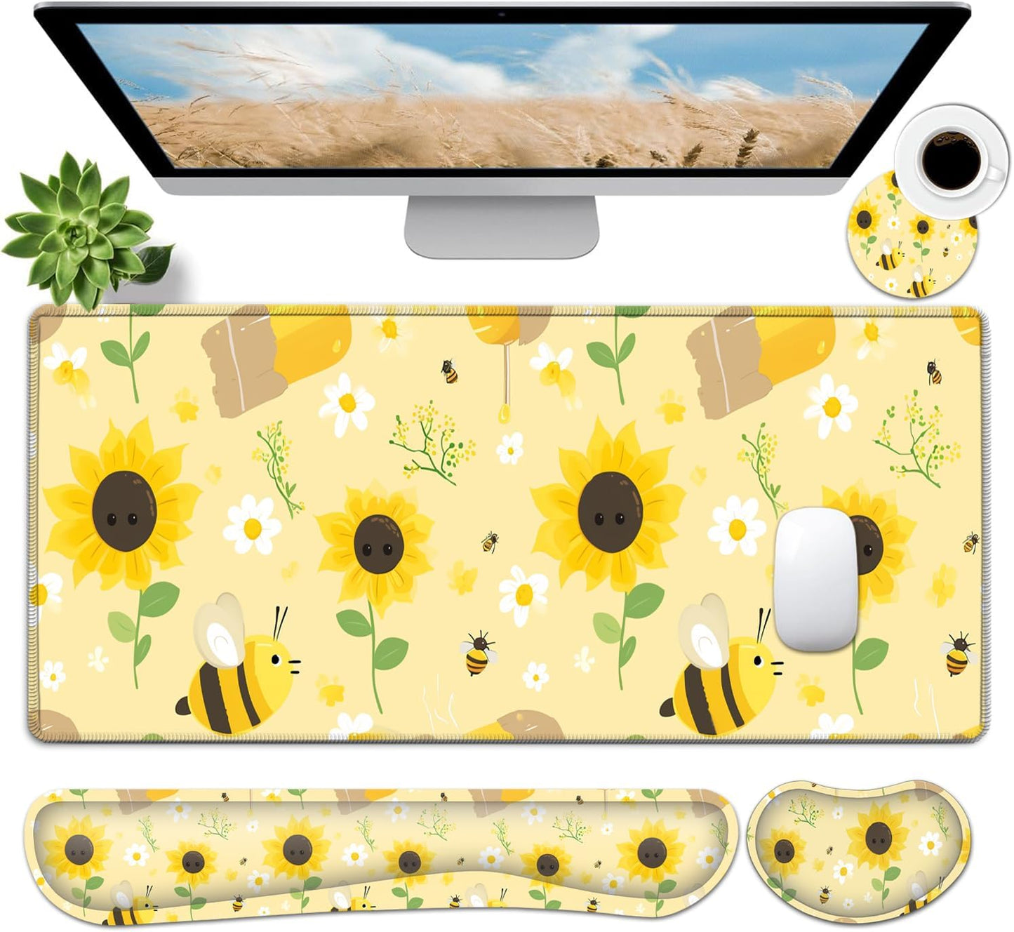 Large Gaming Mouse Pad Set, Ergonomic Memory Foam Keyboard Wrist Rest Support + Mouse Wrist Rest + Extended Desk Mat with Non-Slip Rubber Base, Sunflowers and Bees Yellow Desk Pad