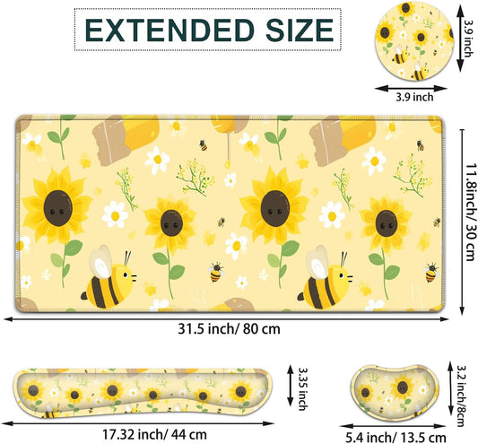 Large Gaming Mouse Pad Set, Ergonomic Memory Foam Keyboard Wrist Rest Support + Mouse Wrist Rest + Extended Desk Mat with Non-Slip Rubber Base, Sunflowers and Bees Yellow Desk Pad