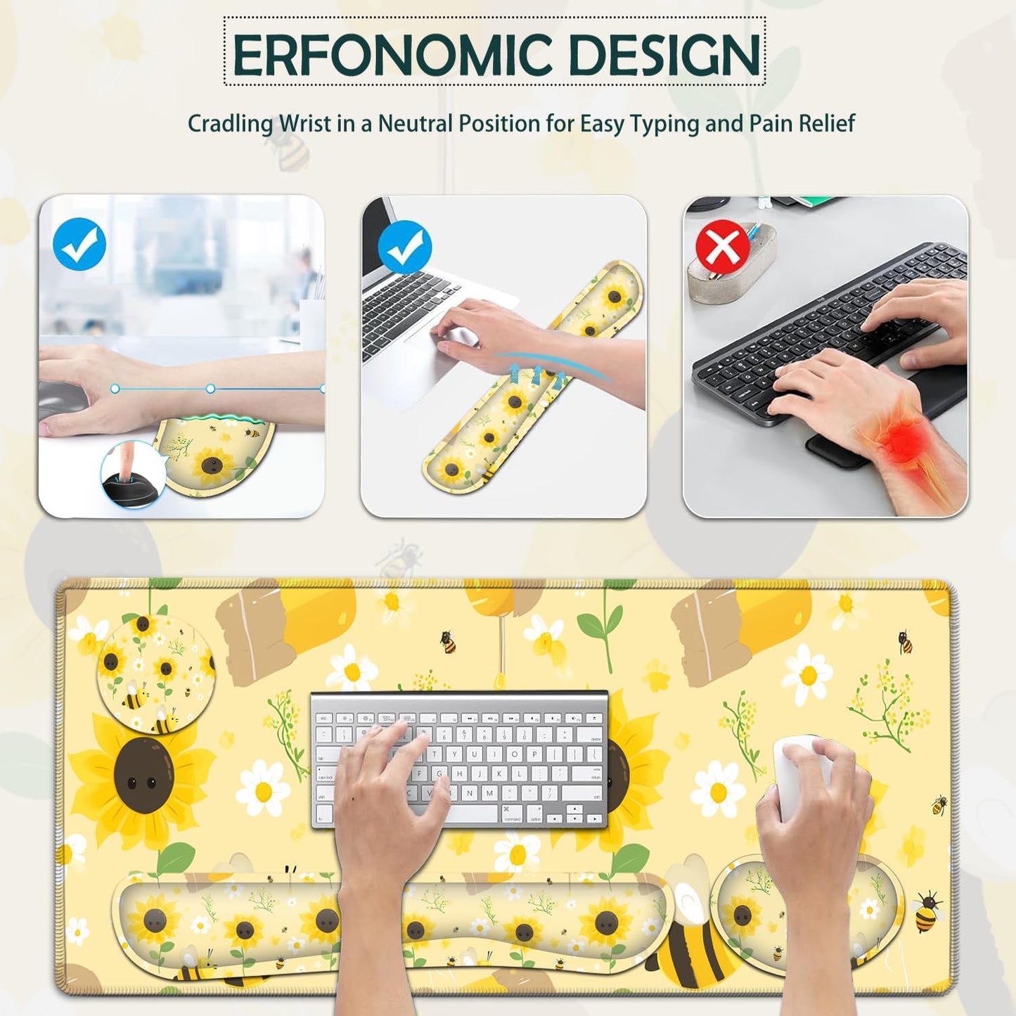 Large Gaming Mouse Pad Set, Ergonomic Memory Foam Keyboard Wrist Rest Support + Mouse Wrist Rest + Extended Desk Mat with Non-Slip Rubber Base, Sunflowers and Bees Yellow Desk Pad