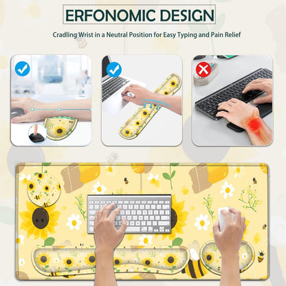 Large Gaming Mouse Pad Set, Ergonomic Memory Foam Keyboard Wrist Rest Support + Mouse Wrist Rest + Extended Desk Mat with Non-Slip Rubber Base, Sunflowers and Bees Yellow Desk Pad