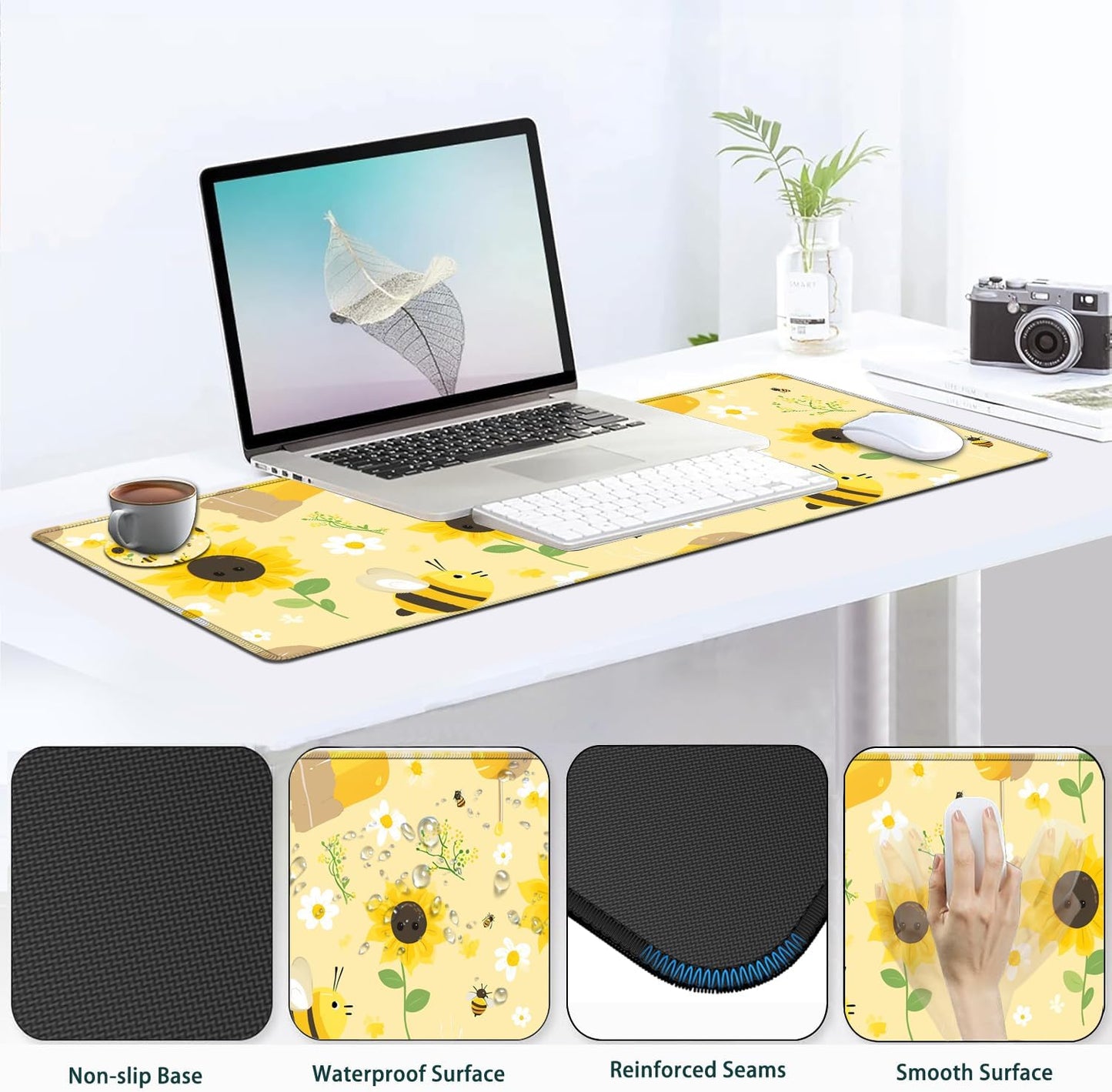 Large Gaming Mouse Pad Set, Ergonomic Memory Foam Keyboard Wrist Rest Support + Mouse Wrist Rest + Extended Desk Mat with Non-Slip Rubber Base, Sunflowers and Bees Yellow Desk Pad