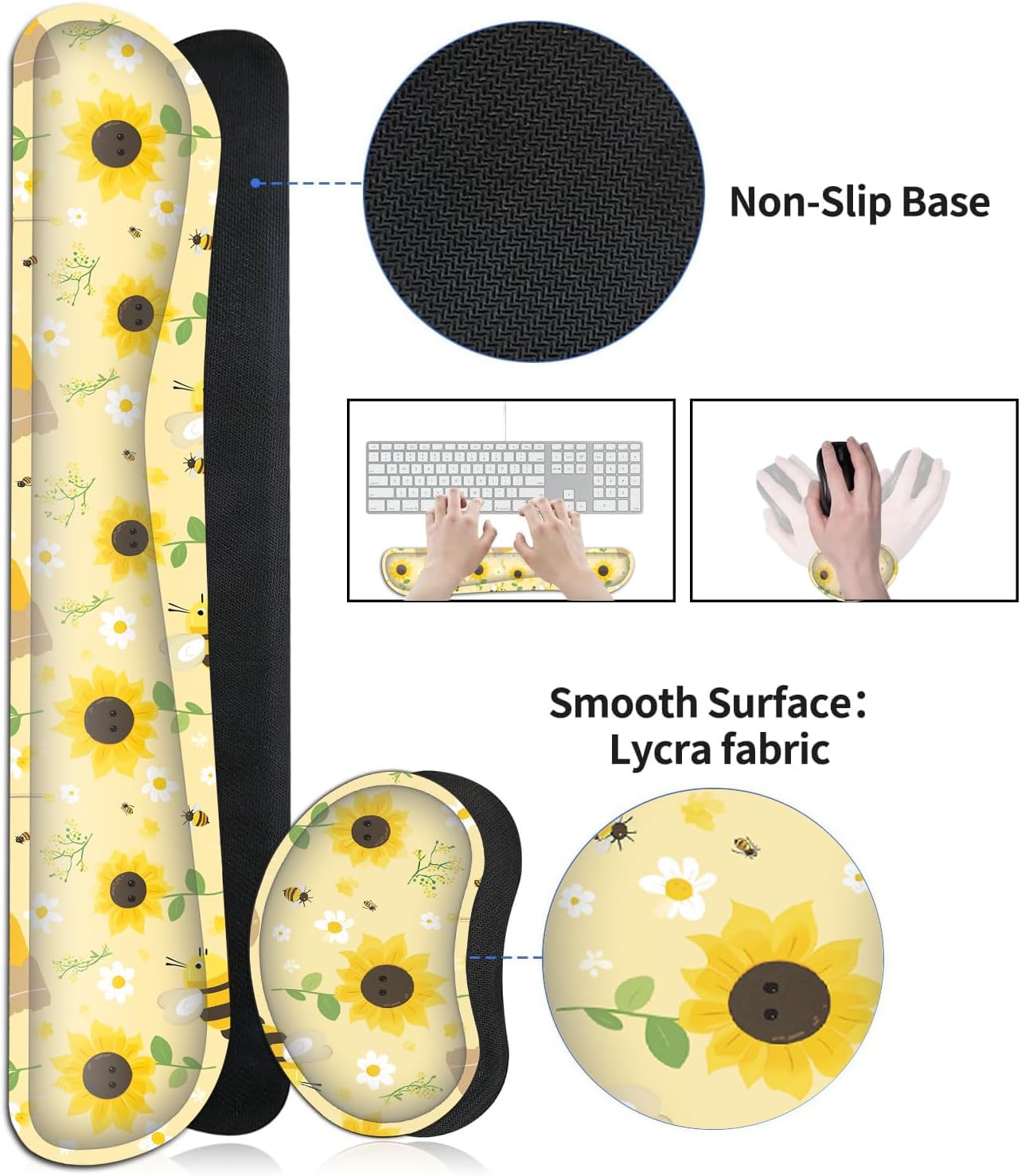 Large Gaming Mouse Pad Set, Ergonomic Memory Foam Keyboard Wrist Rest Support + Mouse Wrist Rest + Extended Desk Mat with Non-Slip Rubber Base, Sunflowers and Bees Yellow Desk Pad