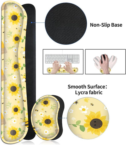 Large Gaming Mouse Pad Set, Ergonomic Memory Foam Keyboard Wrist Rest Support + Mouse Wrist Rest + Extended Desk Mat with Non-Slip Rubber Base, Sunflowers and Bees Yellow Desk Pad