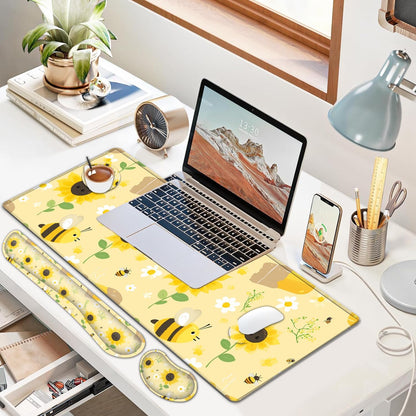 Large Gaming Mouse Pad Set, Ergonomic Memory Foam Keyboard Wrist Rest Support + Mouse Wrist Rest + Extended Desk Mat with Non-Slip Rubber Base, Sunflowers and Bees Yellow Desk Pad