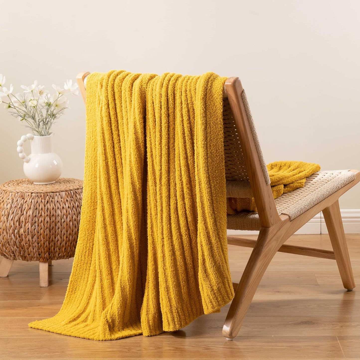 BATTILO Fluffy Soft Yellow Throw Blanket, Fuzzy Plush Mustard Knit Throw Blankets, Warm Lightweight Cozy Blanket for Couch, Bed, Sofa, Home Decor, 50"x60"