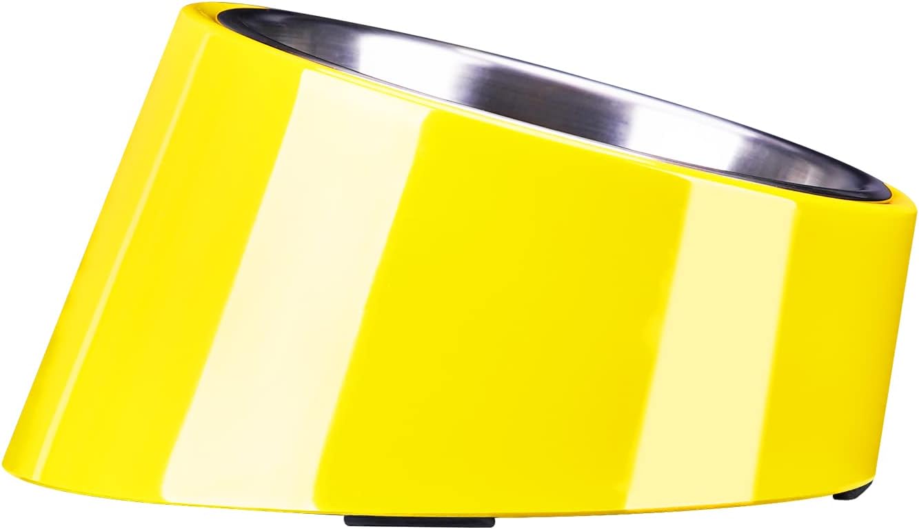 Mess Free 15° Slanted Bowl for Dogs and Cats, Tilted Angle Bulldog Bowl Dog Feeder, Non-Skid & Non-Spill, Easier to Reach Food M/1 Cup Bright Yellow