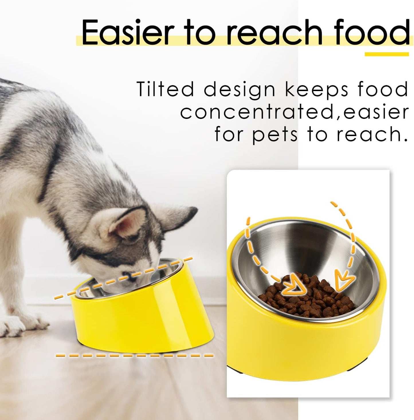 Mess Free 15° Slanted Bowl for Dogs and Cats, Tilted Angle Bulldog Bowl Dog Feeder, Non-Skid & Non-Spill, Easier to Reach Food M/1 Cup Bright Yellow