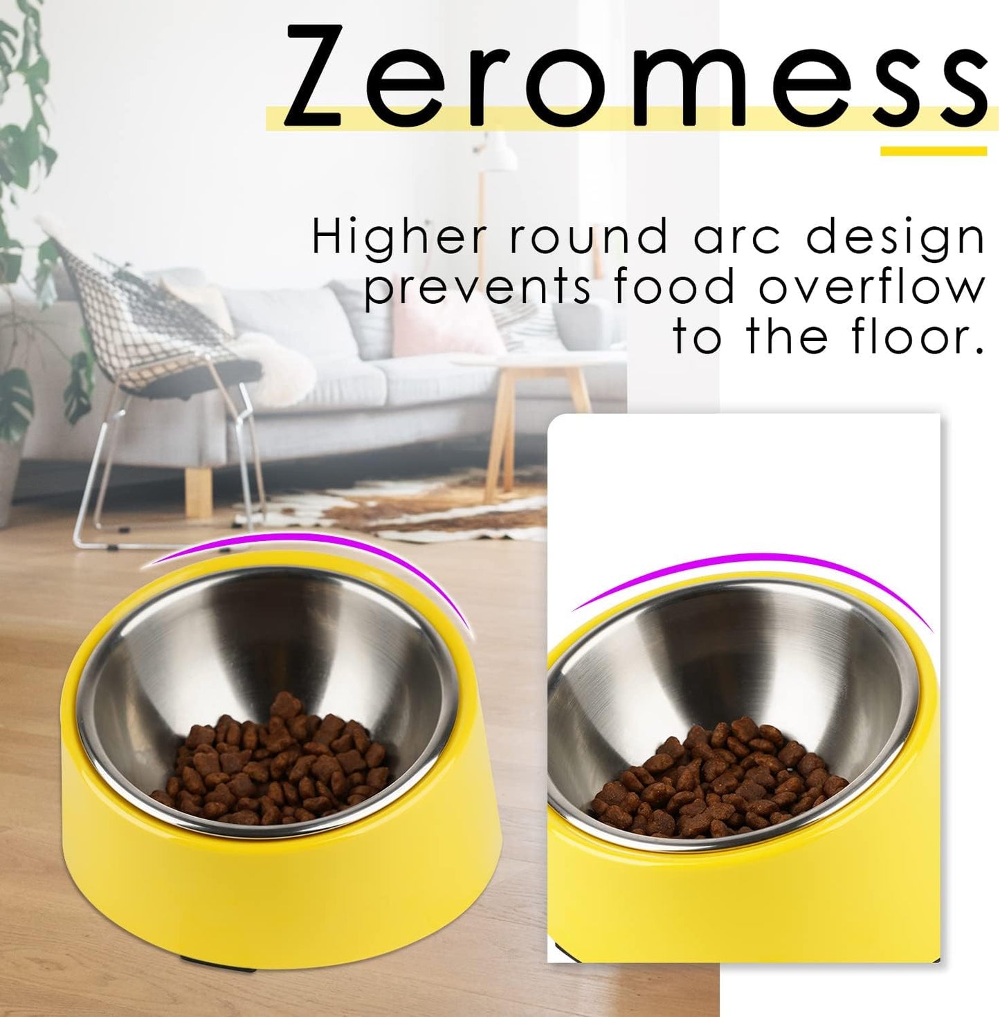 Mess Free 15° Slanted Bowl for Dogs and Cats, Tilted Angle Bulldog Bowl Dog Feeder, Non-Skid & Non-Spill, Easier to Reach Food M/1 Cup Bright Yellow