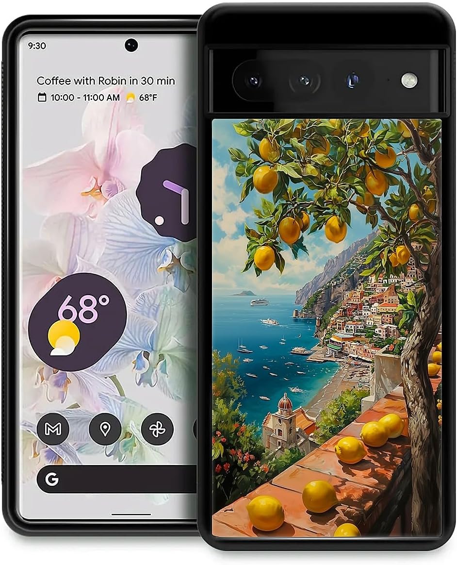 Compatible with Google Pixel 7 Pro Case Non Slip Screen Lens Protection Case for Girl Boy Cute Pattern Lemon Mediterranean Sea Italian Coast Amalfi