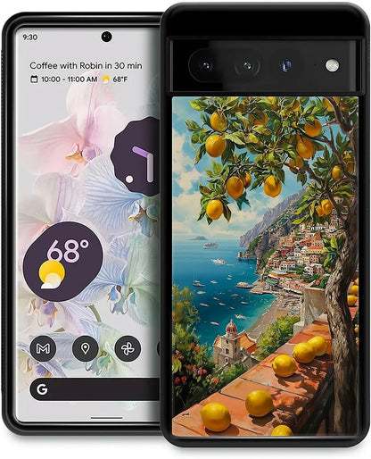 Compatible with Google Pixel 7 Pro Case Non Slip Screen Lens Protection Case for Girl Boy Cute Pattern Lemon Mediterranean Sea Italian Coast Amalfi