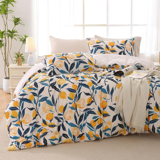 Duvet Cover Queen Size, Reversible Floral Vintage Duvet Cover Set with Zipper Closure, 3 Pieces Botanical Patterns Soft Microfiber Bedding Set (90"x90", 2 Pillow Cases, Lemon Flower Green)