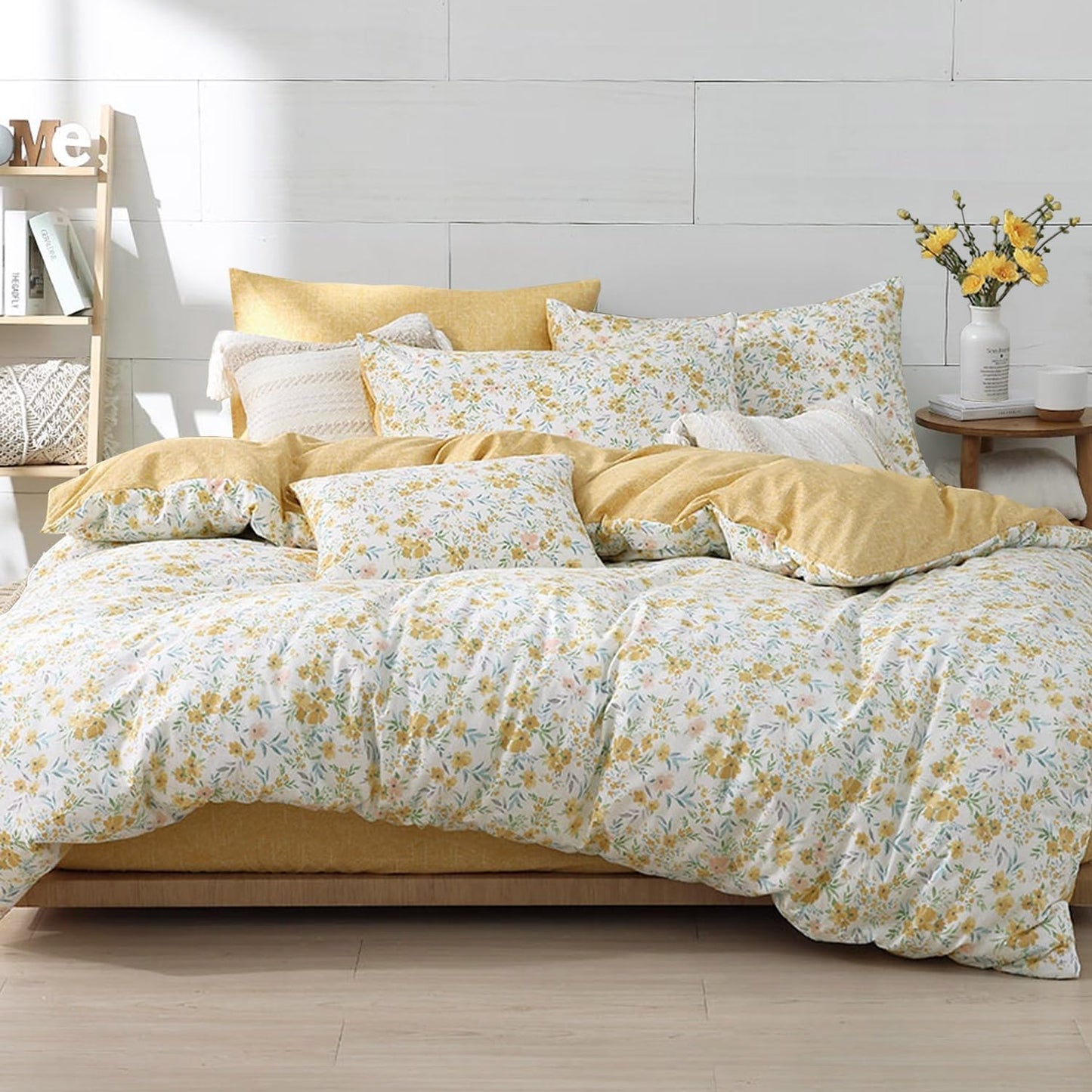 100% Natural Cotton Duvet Cover Twin Size 2Pcs - Yellow Duvet Cover with Pink & Green Flowers and Leaves on White,Reversible Floral Comforter Cover Sets with Button Closure(68"×90"，1 Pillowsham）