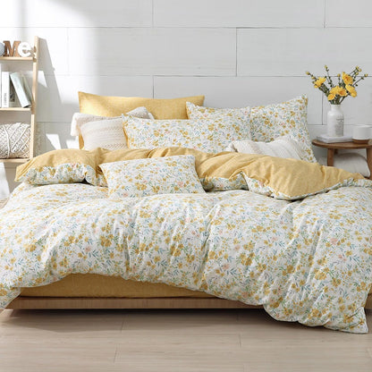 100% Natural Cotton Duvet Cover Twin Size 2Pcs - Yellow Duvet Cover with Pink & Green Flowers and Leaves on White,Reversible Floral Comforter Cover Sets with Button Closure(68"×90"，1 Pillowsham）