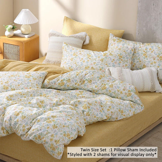 100% Natural Cotton Duvet Cover Twin Size 2Pcs - Yellow Duvet Cover with Pink & Green Flowers and Leaves on White,Reversible Floral Comforter Cover Sets with Button Closure(68"×90"，1 Pillowsham）