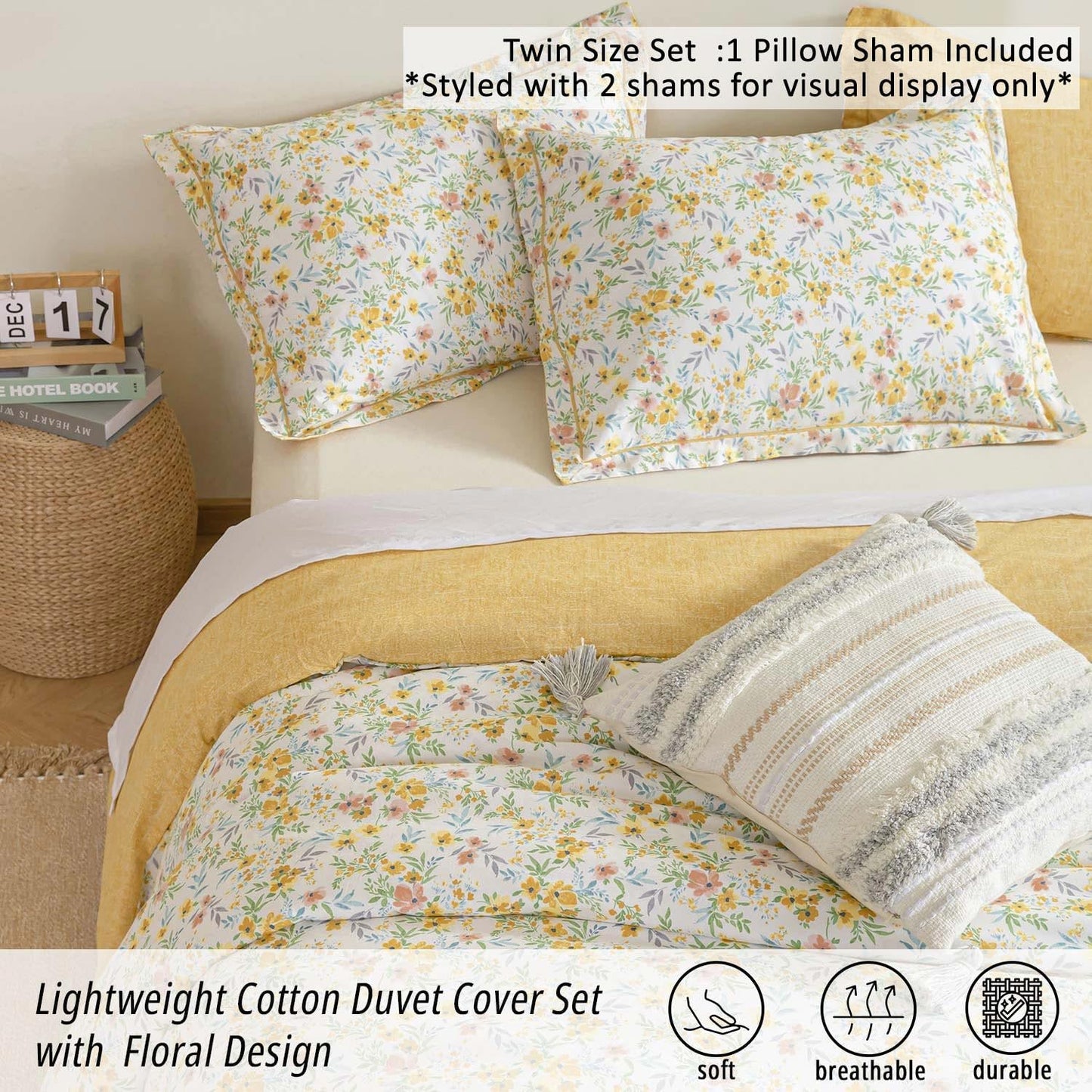 100% Natural Cotton Duvet Cover Twin Size 2Pcs - Yellow Duvet Cover with Pink & Green Flowers and Leaves on White,Reversible Floral Comforter Cover Sets with Button Closure(68"×90"，1 Pillowsham）
