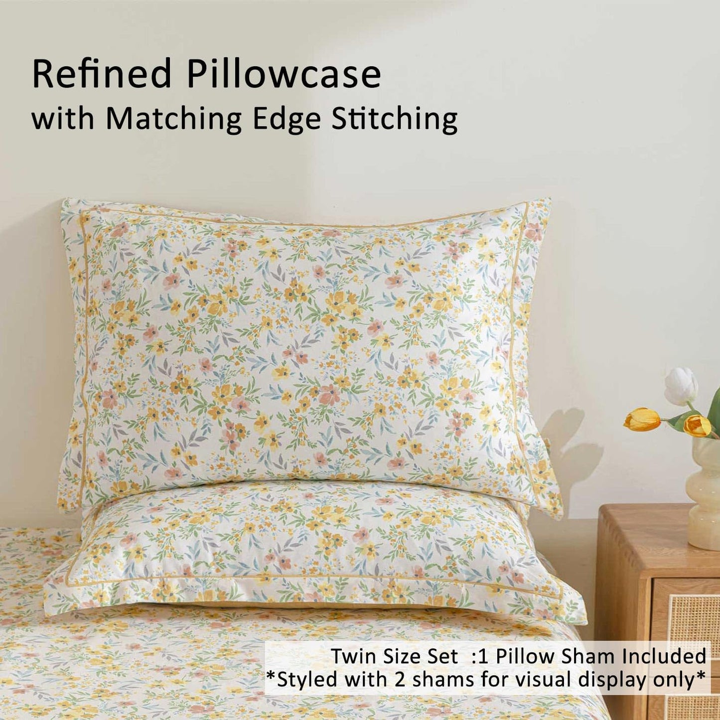 100% Natural Cotton Duvet Cover Twin Size 2Pcs - Yellow Duvet Cover with Pink & Green Flowers and Leaves on White,Reversible Floral Comforter Cover Sets with Button Closure(68"×90"，1 Pillowsham）
