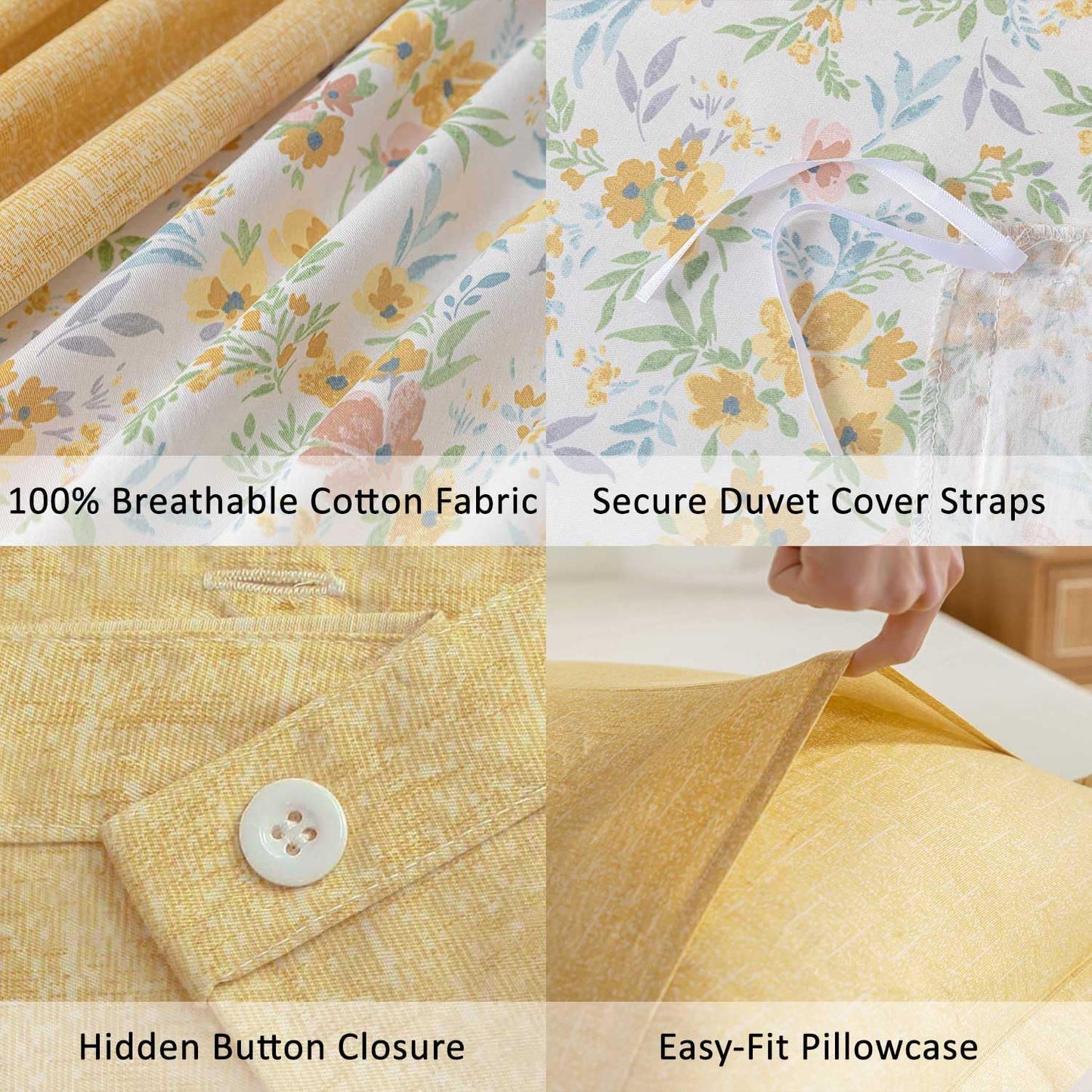 100% Natural Cotton Duvet Cover Twin Size 2Pcs - Yellow Duvet Cover with Pink & Green Flowers and Leaves on White,Reversible Floral Comforter Cover Sets with Button Closure(68"×90"，1 Pillowsham）