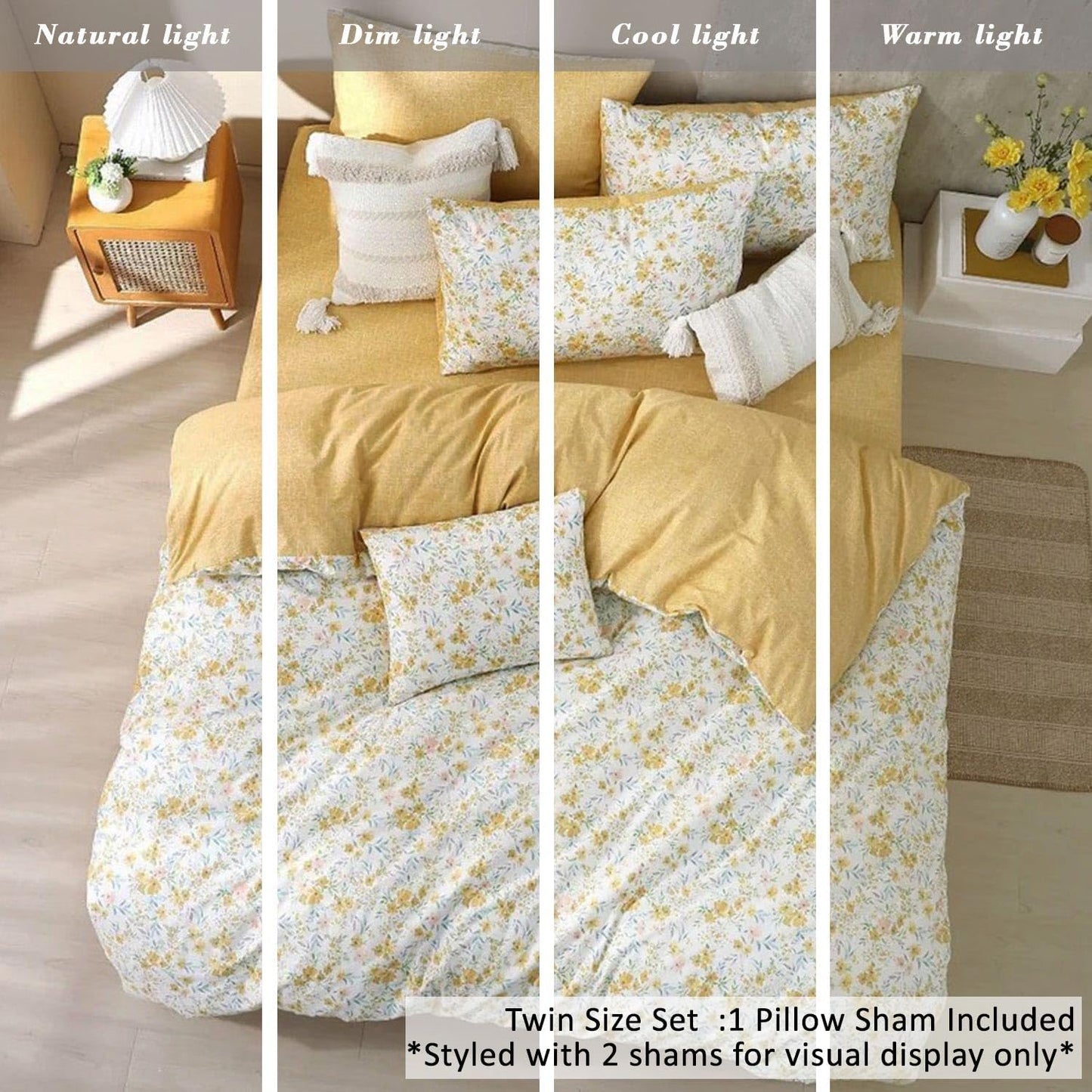 100% Natural Cotton Duvet Cover Twin Size 2Pcs - Yellow Duvet Cover with Pink & Green Flowers and Leaves on White,Reversible Floral Comforter Cover Sets with Button Closure(68"×90"，1 Pillowsham）