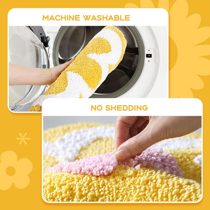 Yellow Bathroom Rugs Cute Flower Bath Mat for Women Small Absorbent Non Slip Bath Rug Soft Microfiber Washable Bath Mat for Bathroom Floor, Shower, Bathtub